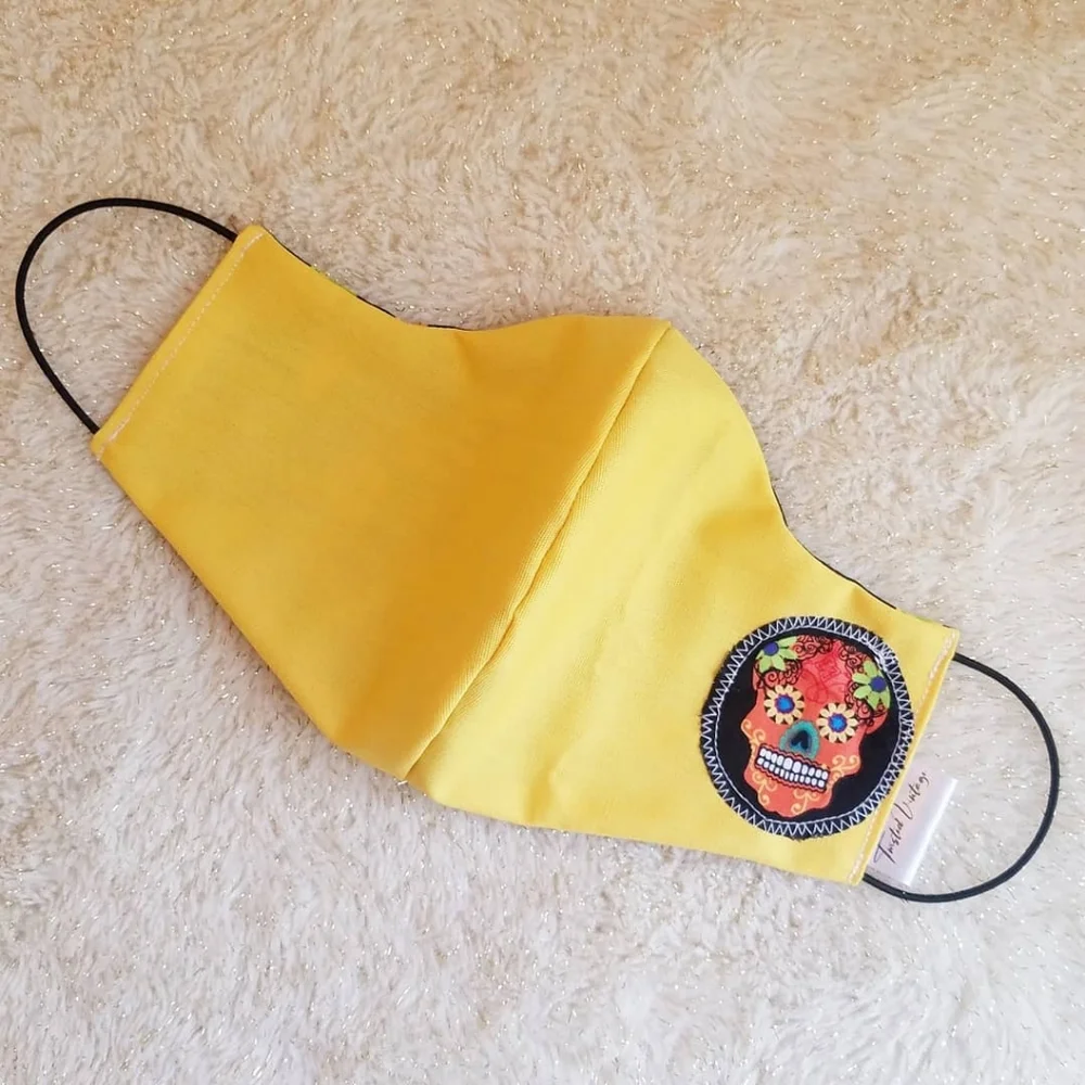 Handmade Ladies Reversible Face Mask Black Yellow Halloween Candy Sugar Skull
